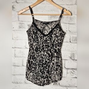 Guess Leopard Print Cami Tank Top Lace Detail Adjustable Straps Size L